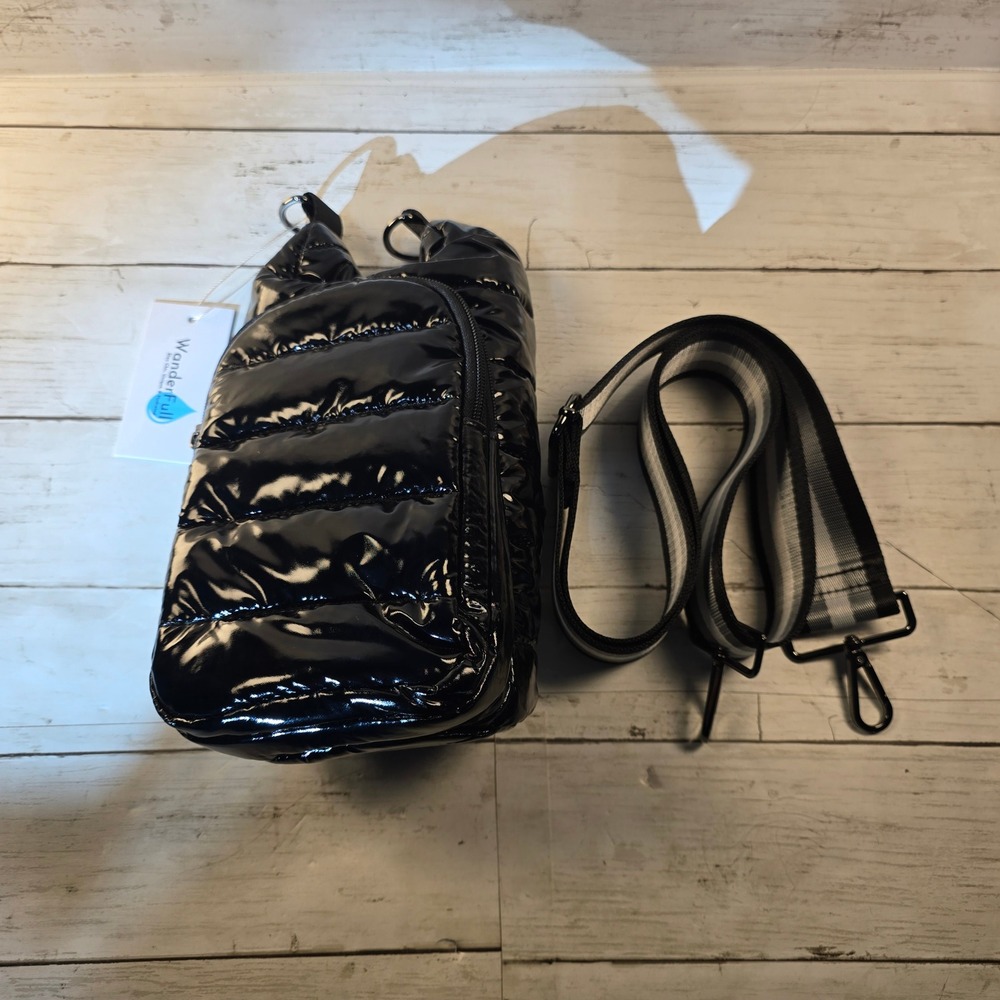 NWT WanderFull HydroBag Black Patent Puffer Water Bottle Crossbody Bag